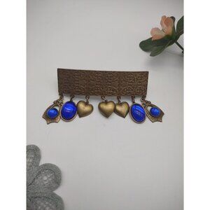 Vintage Rare French Charms Hair Barrette Clip Brass Tone Metal Cobalt Blue Glass